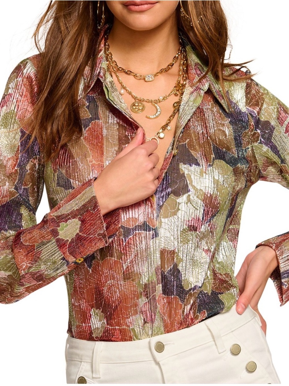 NWT Nicole Ramy Brook Metallic Floral Button-Down Multi Color Top, Size XS